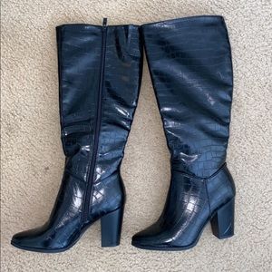 knee high faux leather heeled boots